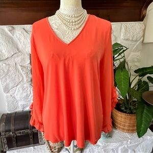 Calvin Klein Coral Sheer V-Neck Blouse Size L